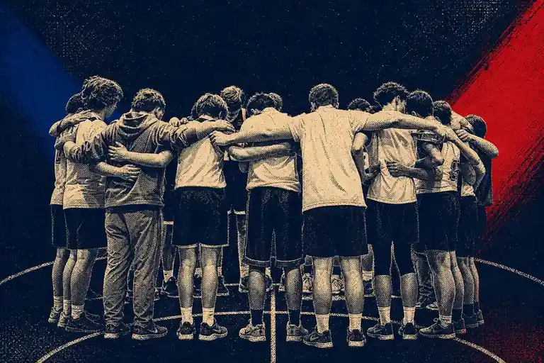 Illustrated UBL players gathered shoulder-to-shoulder in a pregame huddle