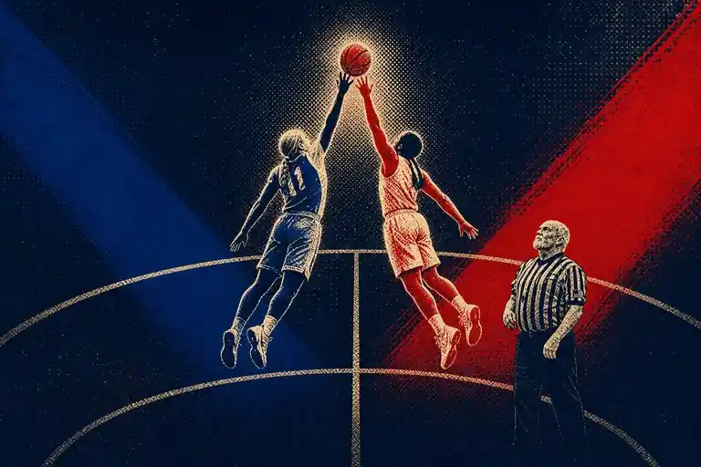 Illustrated varsity basketball players contesting the opening tip