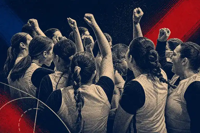 Illustrated UBL players and coaches raising their hands together in celebration